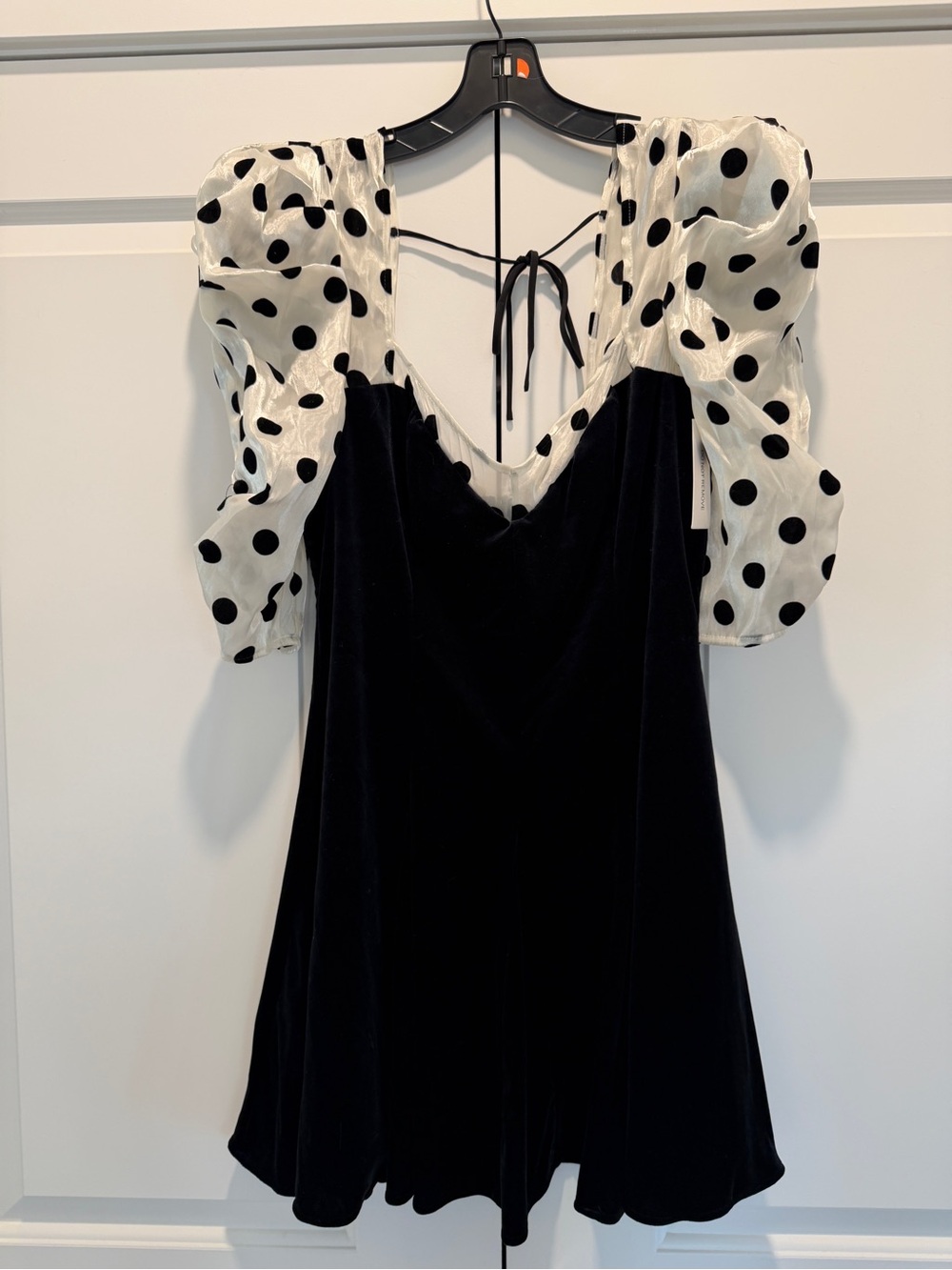 BRAND NEW - For Love & Lemons Black Mini Dress with White Polka Dot Puff Sleeves - Picture 4 of 11
